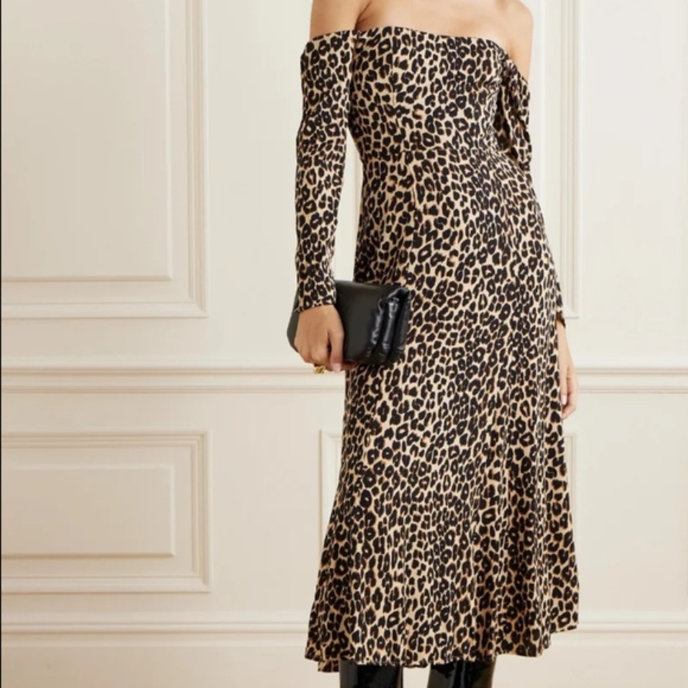 Reformation Ballari Off-The-Shoulder Leopard-Print Crepe Midi Dress